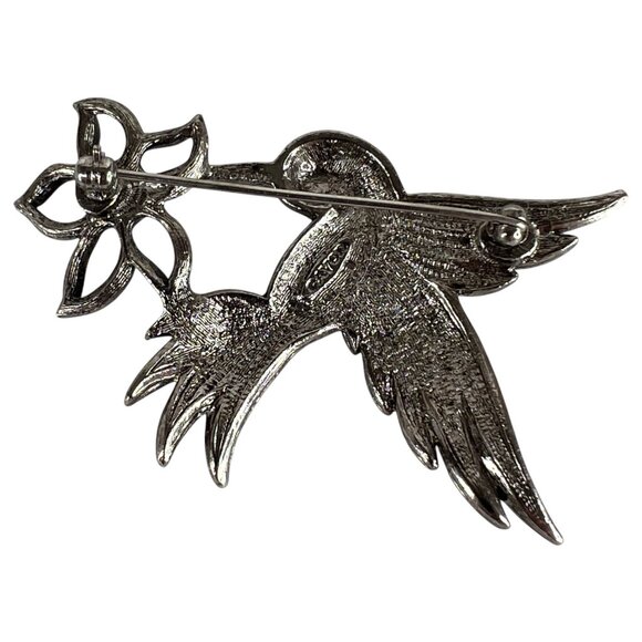Vintage Avon Silver Tone Hummingbird & Flower Pin Brooch Rhinestone Accents - Picture 5 of 8